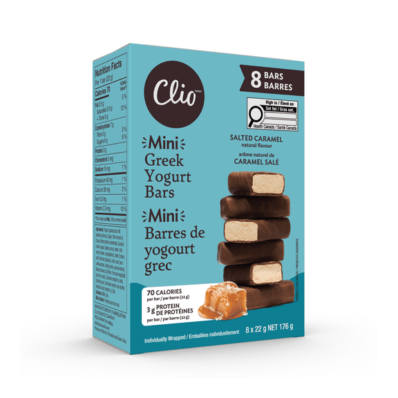 Barres mini Clio au yogourt grec au caramel salé en enrobage chocolaté