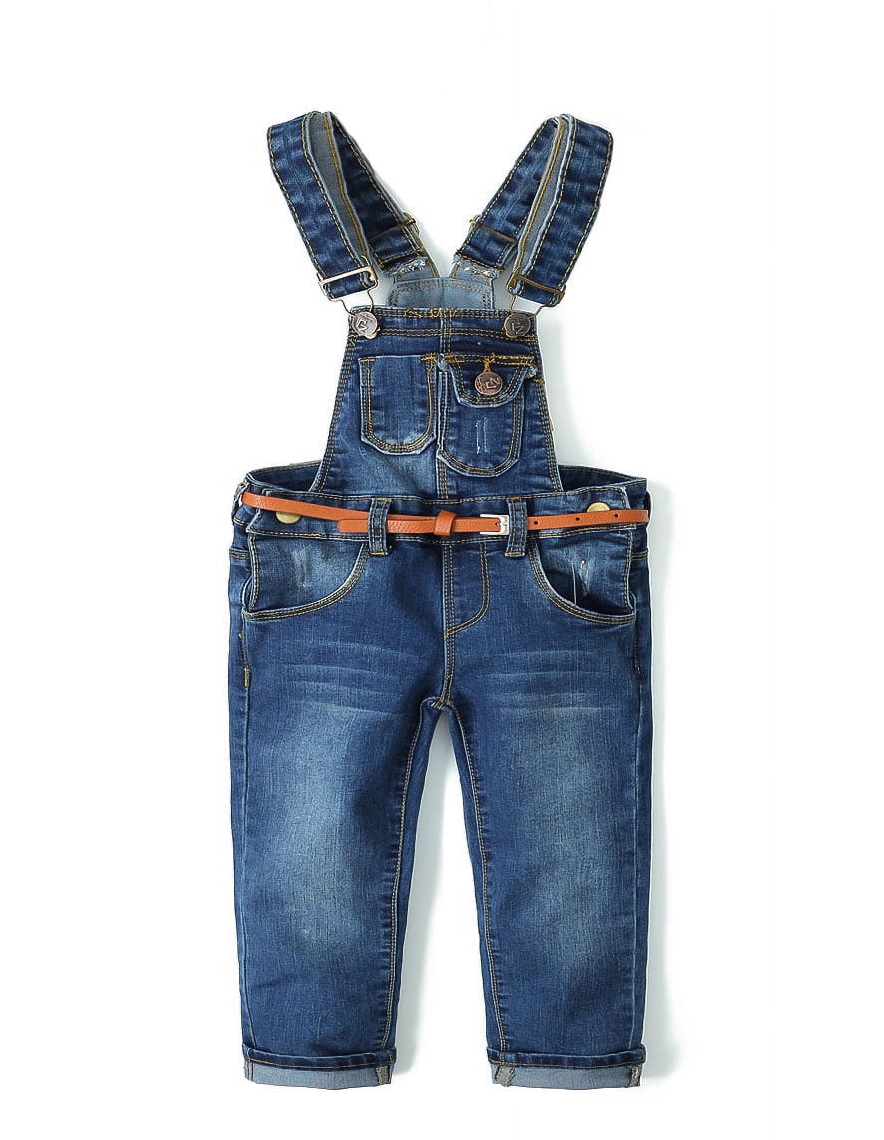 KIDSCOOL SPACE Little Girl Boy Fashionalble Jean Overalls,Toddler Ripped Denim Cute Slim Pants,Deep Blue,3-4 Years