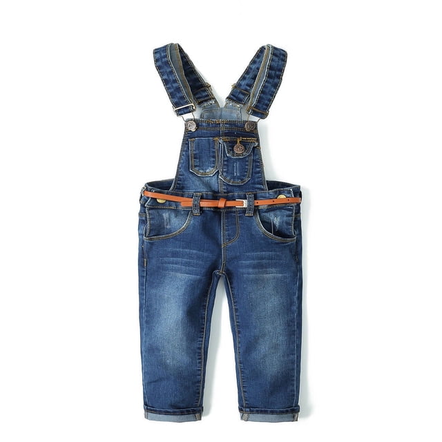 KIDSCOOL SPACE Little Girl Boy Fashionalble Jean Overalls,Toddler Ripped Denim Cute Slim Pants,Deep Blue,2-3 Years