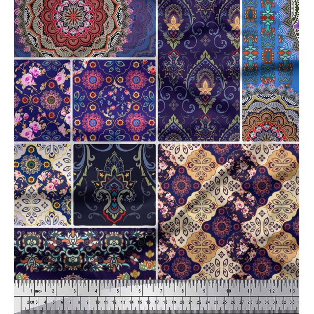 Soimoi Georgette Viscose Fabric Ogee & Mandala Patchwork Print Sewing Fabric Yard 42 Inch Wide