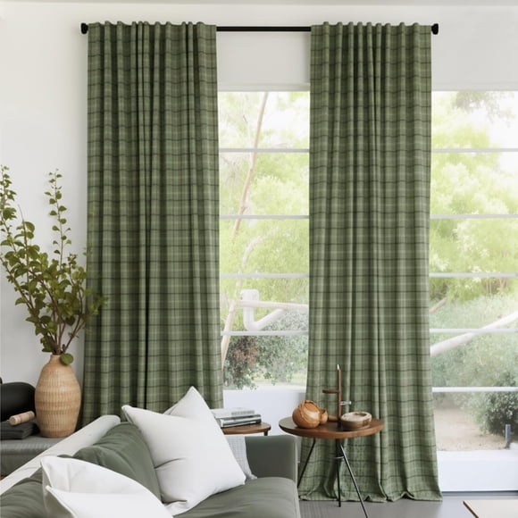 RYB HOME Green Plaid Curtains for Living Room Dining Room, Linen Blend Light Filtering Semi-Sheer Privacy Farmhouse Checkered Win