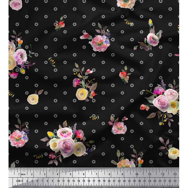 Soimoi Black polyester Crepe Fabric Leaves,Small Circle & Floral Print Sewing Fabric BTY 52 Inch Wide