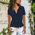 thumbnail image 2 of Pompotops Women Casual Solid Short Sleeve Turn Down Collar Pockets Buttons Shirt Tops, 2 of 5