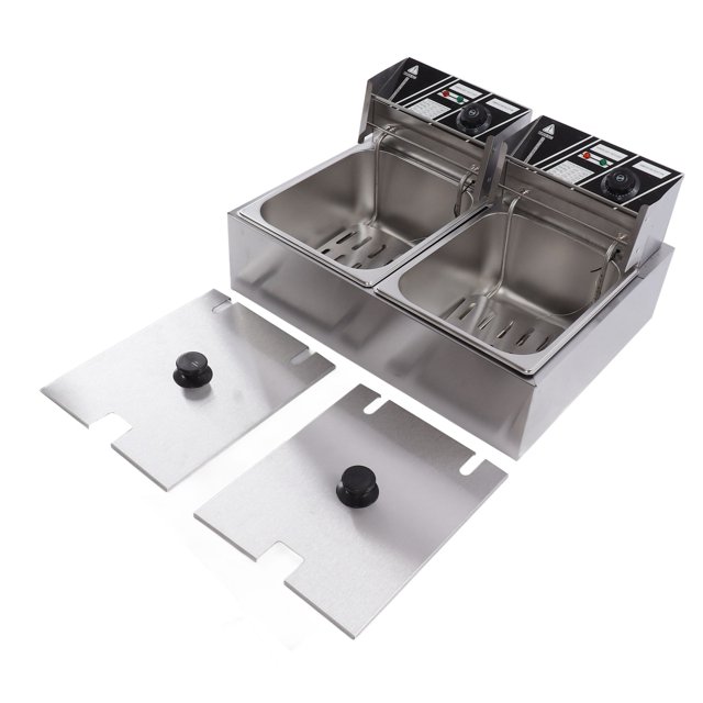 Electric Countertop Deep Fryer, Two Stainless Steel Basket Adjustable Temperature Removable Basket Large Capacity Commercial Electric Fryer with Lid Filter