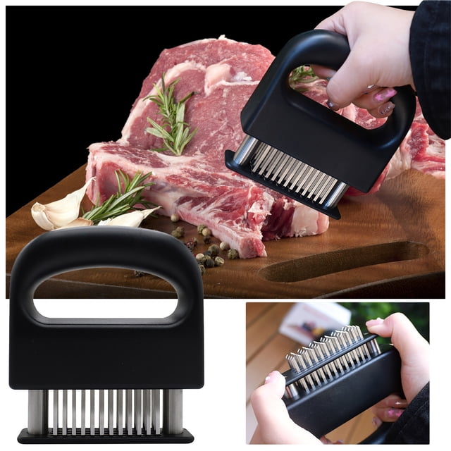 Qaailabf 48 Needle Meat Tenderizer Tool with Locking Mechanism featuring stainless steel blades and a black ABS plastic handle. The tool is shown in use tenderizing a raw steak on a wooden cutting board surrounded by garlic cloves, rosemary, and peppercorns. Additional close-up views highlight the dense 48 stainless steel needles, ergonomic handle design, and dishwasher-safe construction.