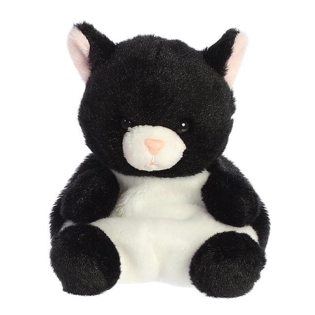 Aurora Palm Pals - Cricket Cat 5-inch stuffed animal featuring a black and white plush design with soft, fluffy material. The cat has a pink nose, small ears, and bean pellets for added stability, making it suitable for all ages. Ideal for cuddling or as a plush cat toy for playtime.