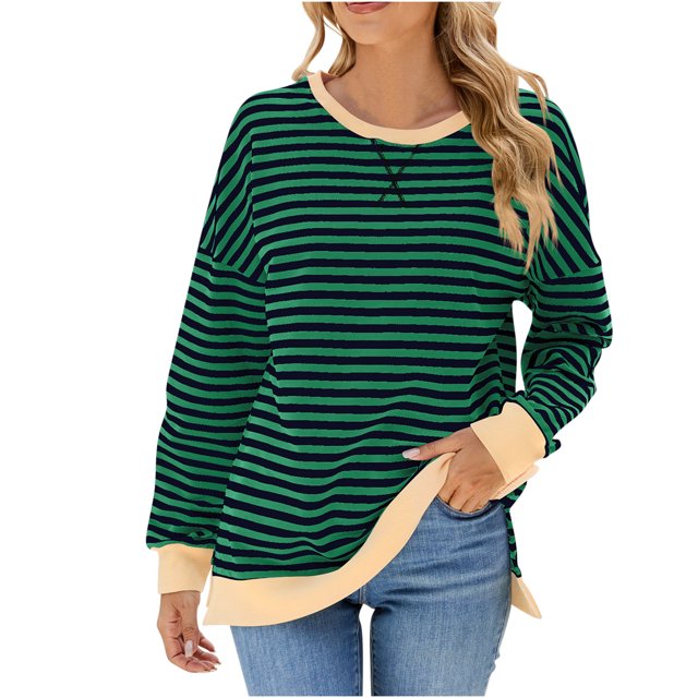 Pisexur Chandails pour Femmes 2024 Mode d'Automne à Rayures Chandails à Manches Longues pour Femmes Décontractés Amples à Col Rond Chandails Confort Chandail Surdimensionné pour Femmes Chandails à Capuchon Basiques Chandails à Enfiler