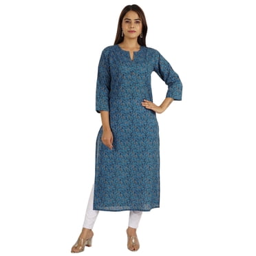 Moomaya Printed Womens Long Kurti 3/4 Sleeve Cotton Summer Ethnic Tunic Kurta