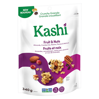 Kashi® Crunchy Granola Fruit & Nuts 340g resealable pouch showing almonds, cranberries, raisins, pecans, and walnuts on white and purple packaging, high fibre whole-grain granola made with natural ingredients and non-GMO verified, suitable for breakfast or snacks.