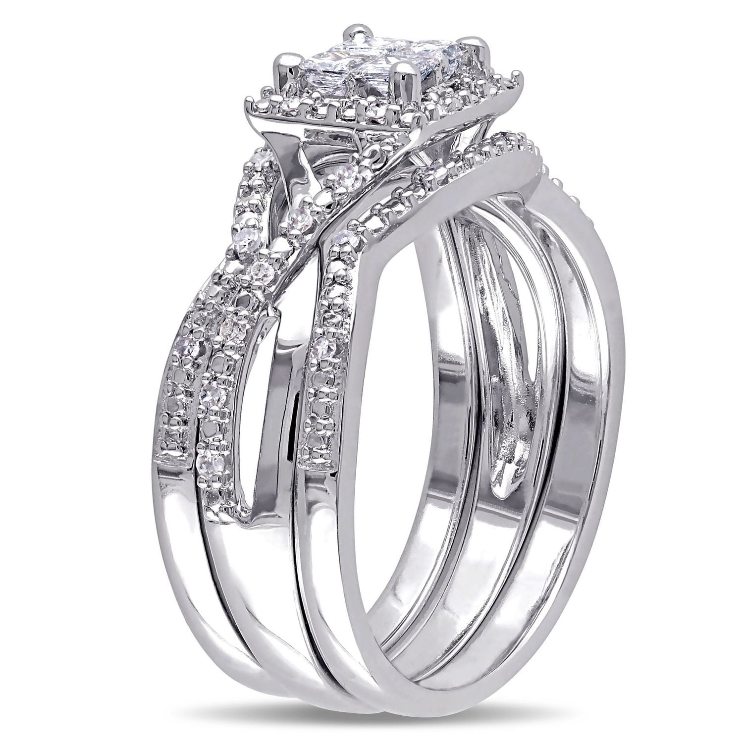 Ensemble nuptial de forme auréole Miabella avec diamants de coupe princesse et de coupe ronde 0,50 CT poids total en argent sterling