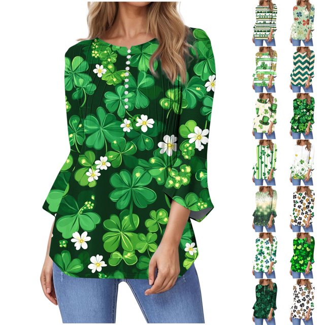 QATAINLAV T-Shirts de la Saint-Patrick pour Femmes 2025 Mode T-Shirts Graphiques Trèfle Blouse Décontractée Manches 3/4 Évasées Col en V T-Shirts Hauts de Vacances Vente Éclair Vert TTG