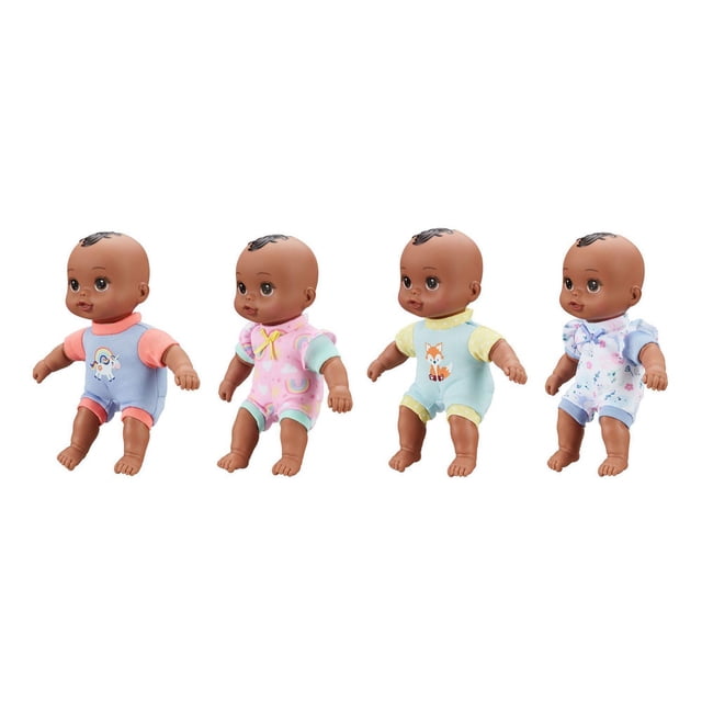 My Sweet Baby Mini Soft Body Cuddle Doll set includes four dolls with vinyl arms and soft bodies, each dressed in pastel onesies with animal and pattern prints, ideal for toddlers' imaginative play with fashion dolls.