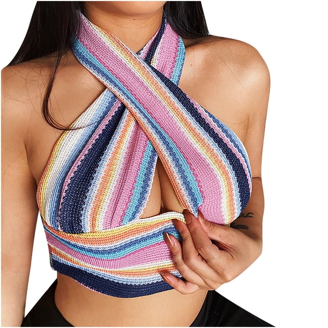 Fridja Haut Croisé Ajusté en Tricot à Rayures Colorées pour Femme, Sans Manches, à Col Licou