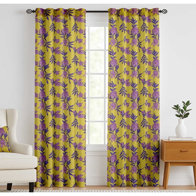 Vargottam 84 Inch Rod Pocket/Back Tab Cotton Curtains for Windows and Door- Light Filtering Cotton- Light Filtering Drapes For Door- Set of 2 Panels, 52"x84"- Monochrome Floral Design (Yellow)