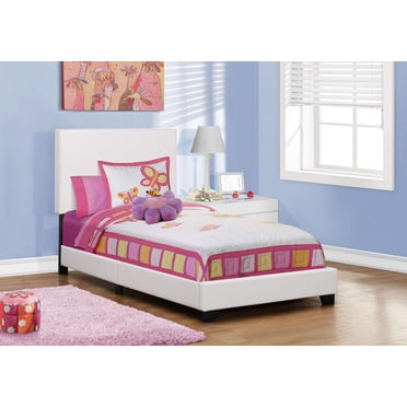 Monarch Specialties Bed, Twin Size, Platform, Bedroom, Frame, Upholstered, Pu Leather Look, Wood Legs, White, Transitional