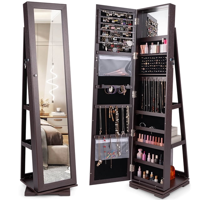 Costway Armoire à Bijoux Rotative à 360° 2-en-1 Verrouillable Miroir Brun Foncé