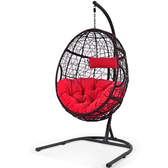 Gymax Chaise Hamac Suspendue Chaise Balançoire en Forme d'Oeuf avec Coussin et Oreiller Rouges, Dotée d'Un Cadre en Métal Noir Robuste, de Patins Antidérapants et d'Un design Tressé en Forme d'Oeuf. Idéale pour une Utilisation Intérieure et Extérieure, comme les patios, les Jardins et les Salons. Offre un Assise Ergonomique et Supporte jusqu'à 250 Lb.