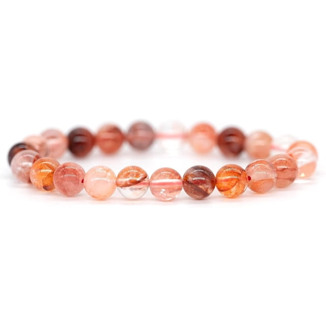 Bracelet Extensible Unisexe en Perles Rondes de 8 mm avec Pierre Précieuse en Quartz Hématoïde Rouge Naturel