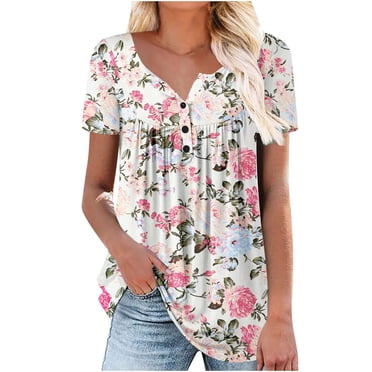 RKSTN Hauts Grande Taille Tunique d'Été pour Femmes Col Rond T-Shirts Imprimés Floraux Blouse à Manches Courtes Décontractée Hauts Plissés avec Ourlet à Volants Blouses et Hauts Habillés pour Femmes
