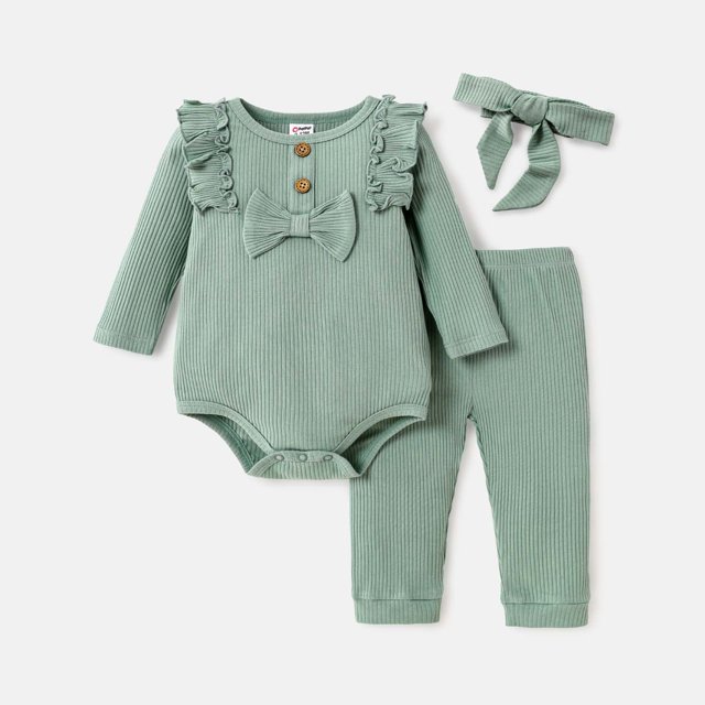 PatPat Baby Girls Outfits Sets, Infant Clothes 3pcs Baby Girl Solid Cotton Ribbed Ruffle Trim Bow Front Long-sleeve Romper and Pants with Headband Set
