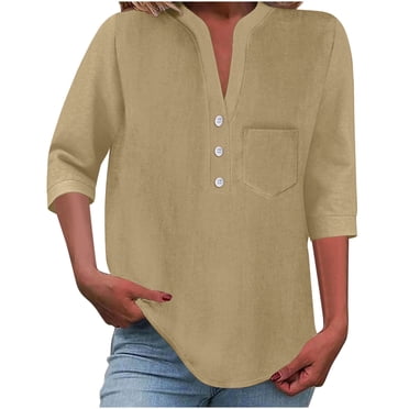 Lenpel Women's 3/4 Sleeve Tops V Neck Half Button Solid Color Business Casual Work Shirts Loose Tunic Blouses