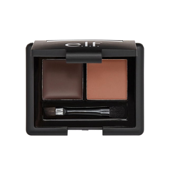 e.l.f. Cosmetics Eyebrow Kit with pigmented wax and setting powder in a black compact, including a double-sided taklon brush for shaping and filling brows, delivering lasting colour definition for fuller, thicker, and defined eyebrows, ideal for precise eyebrow grooming.