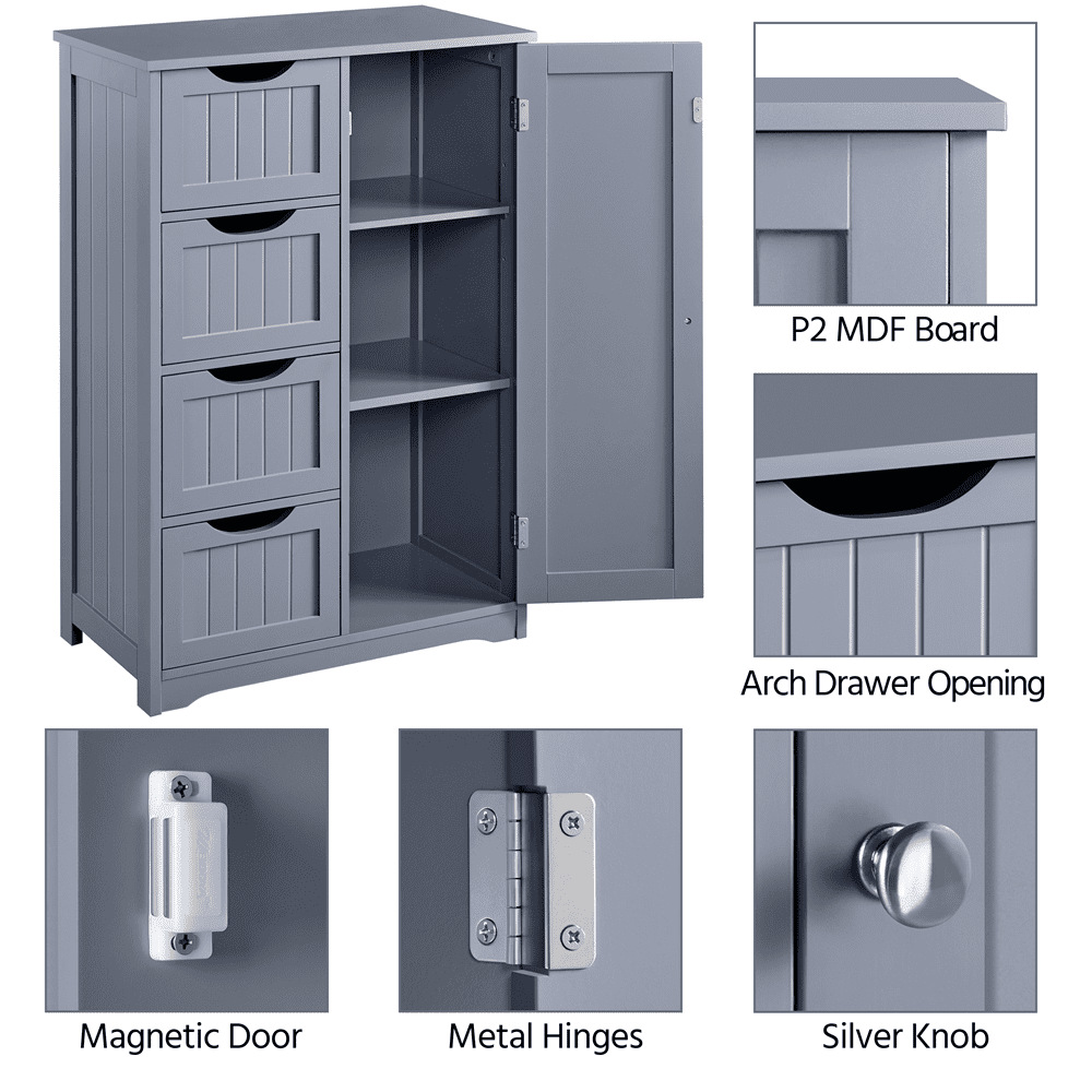 FullFurnique Modern Wooden Bathroom Floor Cabinet with 4 Drawers & Cupboard, Gray