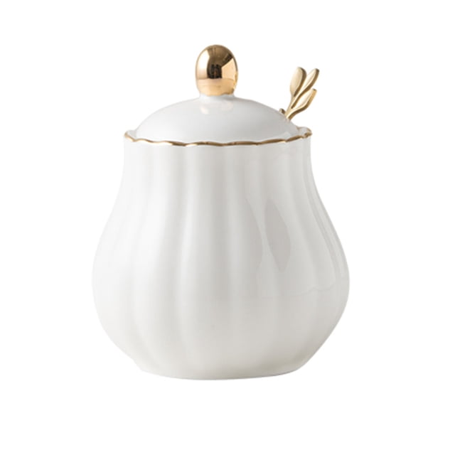 Sugar Bowl With Lid And Spoon, Ceramic Sugar Storage Jar, Porcelain Sugar Pot-White-300ml