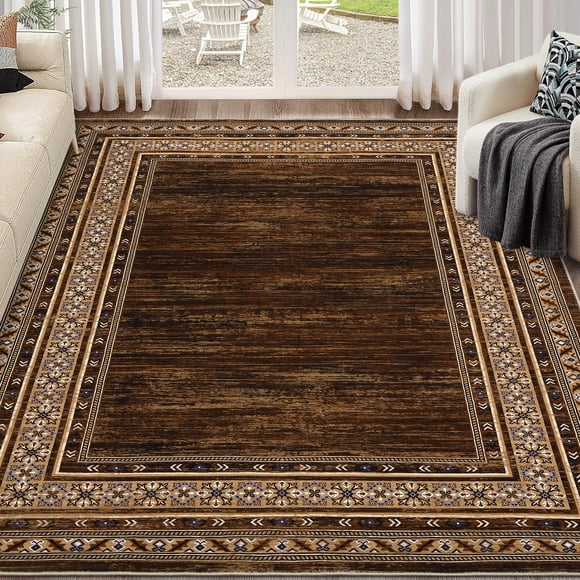 Nanan Tapis 10'x13 Pieds Lavable à la Machine, Élégant à Bordure, Antidérapant, à Poils Courts, Résistant aux Taches, pour Salon, Chambre, Salle à Manger, Brun Rougeâtre