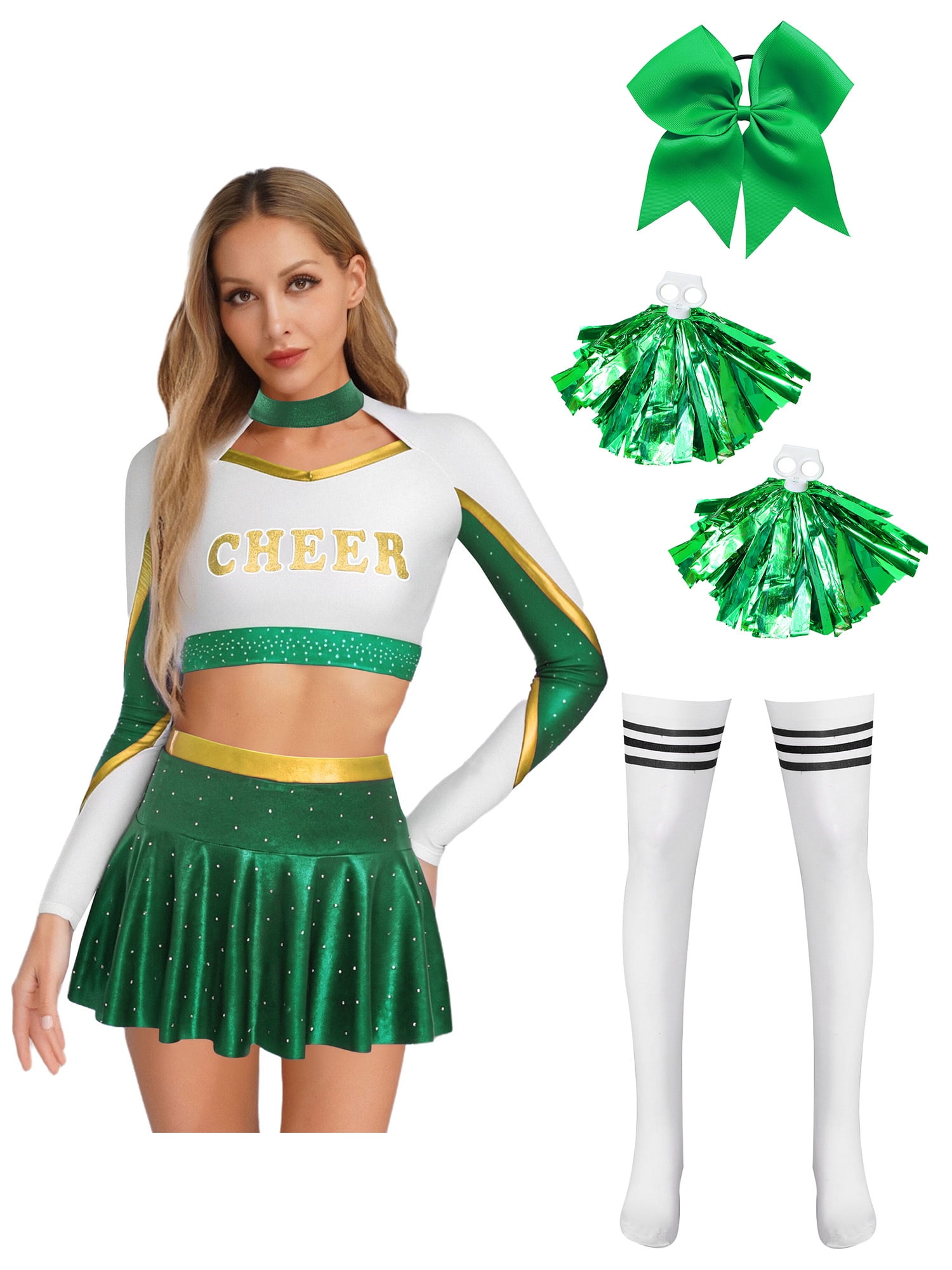 Yhong Womens Cheerleading Costume 5PCS Cheer Uniform High School Cheer Leader Fancy Dress Outfits Green M