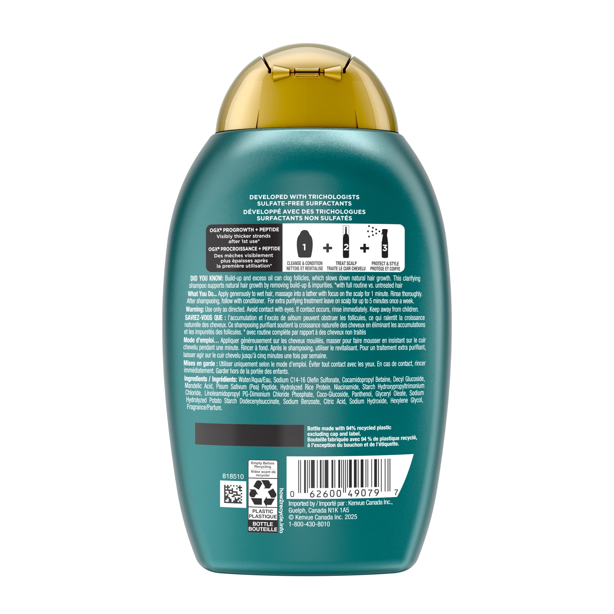 OGX Procroissance + Peptide Shampoing Clarifiant, Shampoing Exfoliant Doux pour le Cuir Chevelu Favorise la Pousse Naturelle des Cheveux en Éliminant l'Accumulation sur le Cuir Chevelu, 1.5 % d'Acide Mandélique