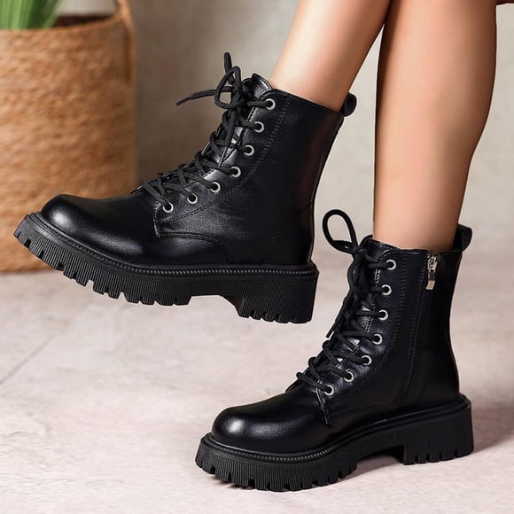 Amzcrzy Ankle Boots for Women Women's Fashion Casual Short-Barrel British Style Boots Solid Color Round Toe Lace-Up Side Zipper Chunky Heel Mid-Heel Ankle Boots Womens Booties Women's Boots