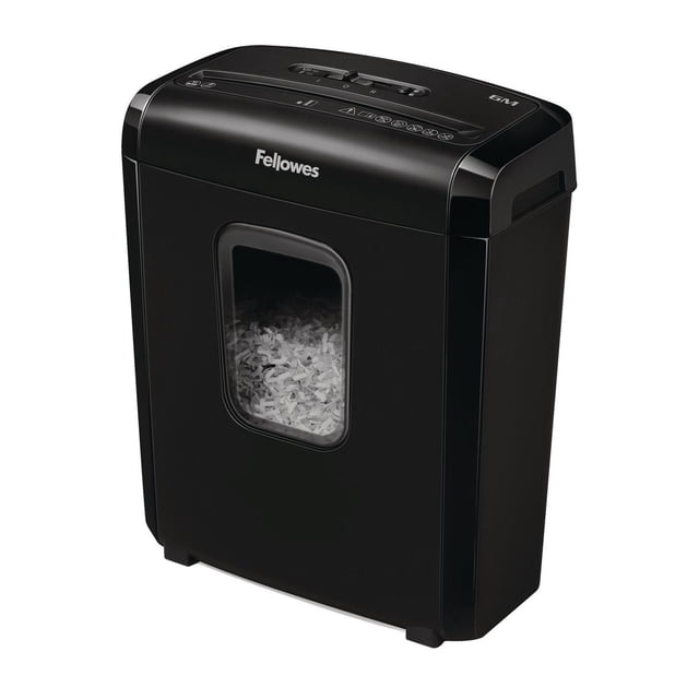 Microshred 6M Micro-Cut Shredder - Black, a compact black paper shredder with a clear front window showing shredded paper, designed for home office use with a 3.5-gallon bin, micro-cut security level P-4 that shreds up to 6 sheets per pass, safely destroys staples, paper clips, and credit cards, and features a patented Safety Lock for added protection.