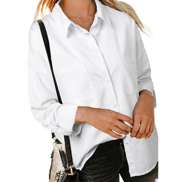 MAWCLOS Ladies Loose Curved Hem Denim Shirts Office With Pockets Tops White XL