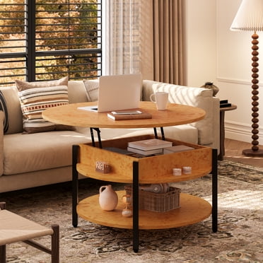 GUNAITO Petite Table Basse Ronde à Plateau Relevable avec Rangement, Table Centrale Moderne Style Ferme avec Tablette, Table Ronde à 2 Niveaux pour Salon, Burl Naturel