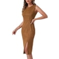 thumbnail image 4 of Unique Bargains Robes en Faux Suède pour Femmes Sans Manches Col Rond Fendu Ourlet Travail Robe Fourreau Marron m, 4 of 5