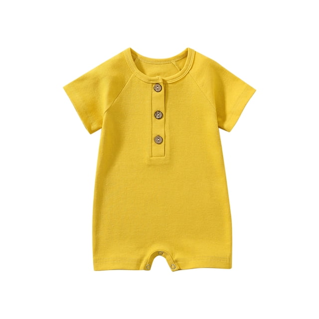 zyoiszvq Baby Short Sleeve Onesies in yellow, featuring a button collar and solid color design. This short romper is suitable for babies aged 0-24 months, shown in a front-facing view with short sleeves and a comfortable fit.