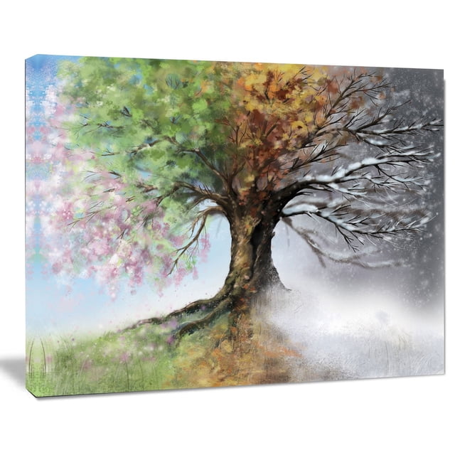 Design Arbre Artistique avec Arbre Quatre Saisons Peinture sur Toile Impression d'Art Représentant un Grand Arbre Divisé en Quatre sections Saisonnières : Printemps avec des Fleurs Roses, Été avec des Feuilles Vertes, Automne avec un Feuillage orange et Brun, et Hiver avec des branches Nues Recouvertes de Neige, Imprimé sur Toile de Coton Enveloppée pour Galerie avec un sous-Cadre en Bois de 1 Po, Prêt à Accrocher, Mesurant 20 par 12 Po, Idéal pour la Déco Murale de la Maison Ou du Bureau.