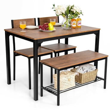 Gymax Ensemble de Salle à Manger 4 Pcs Bureau Rustique 2 Chaises et Banc avec Étagère de Rangement Brun