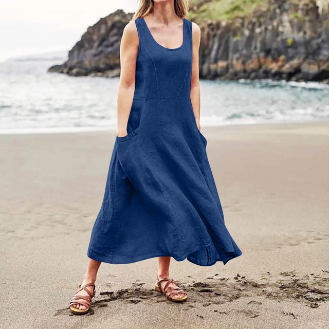 Ovzne Robes pour Femmes Robe de Plage Mode d'Été pour Femmes Décontractée Couleur Unie Sans Manches Col Rond Robe avec Poches Jupe Robe pour Femmes Liquidation