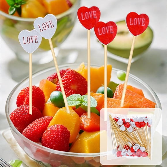 Lot de 100 Brochettes en Bois en Forme de Cœur - Pics à Cocktail en Bambou, Fourchettes à Fruits Décoratives et Cure-Dents pour Sandwichs,, JKODE