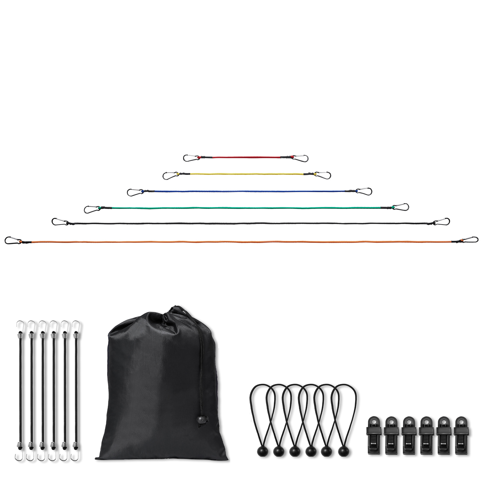 KFFKFF 30-Pc Bungee Cord Set, 8 mm Durable Elastic Ropes with A3 Steel Hooks, Comes with Sizes 10", 18", 24", 36", 48", 60", 72", Handy Storage Bag, 6 Clips & Canopy Ties Included