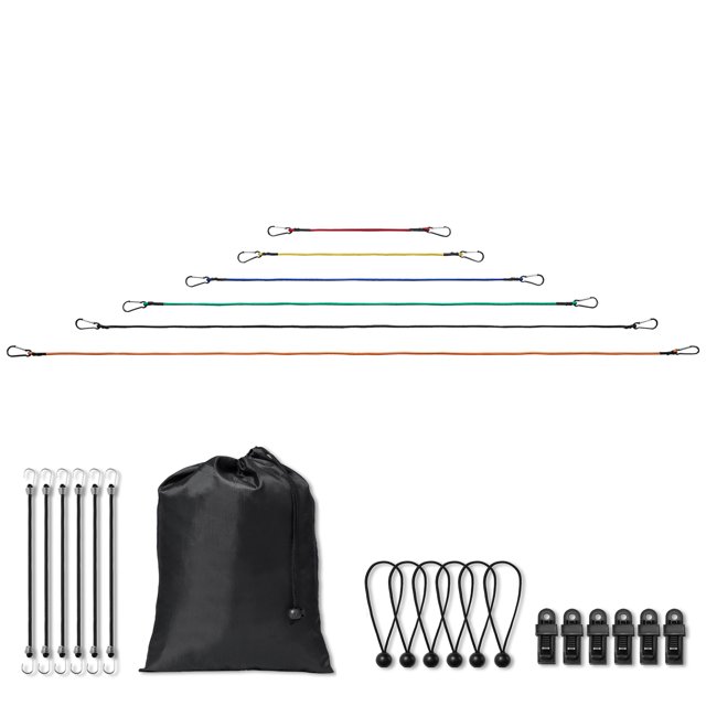 KFFKFF 30-Pc Bungee Cord Set, 8 mm Durable Elastic Ropes with A3 Steel Hooks, Comes with Sizes 10", 18", 24", 36", 48", 60", 72", Handy Storage Bag, 6 Clips & Canopy Ties Included