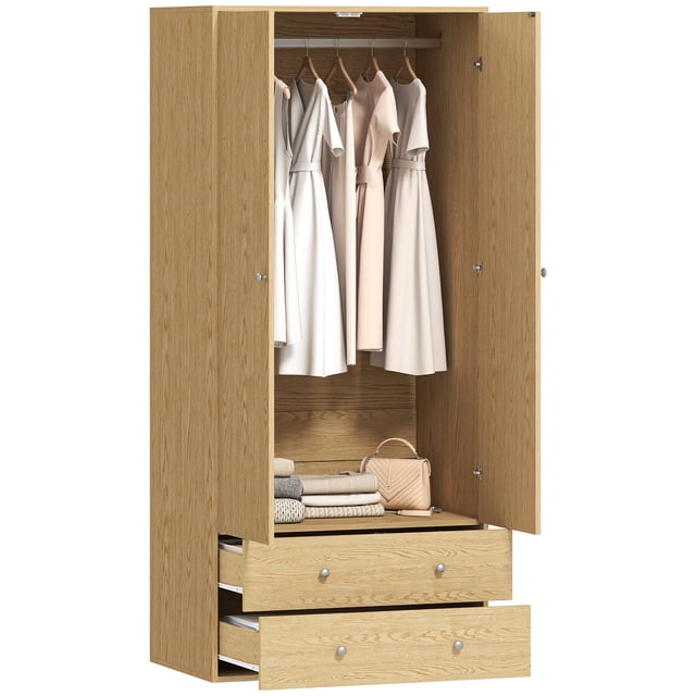 HOMCOM Garde-Robe Placard, Armoire avec Tiroirs et Tringle pour Chambre. Cette Garde-Robe en Bois Naturel Présente une Conception à Double Porte avec une Tringle Métallique pour Vêtements et Deux Tiroirs Coulissants pour Rangement Supplémentaire. le Cadre en Panneau de Particules Assure la Durabilité, Alors Que l'Esthétique Moderne Complète la Déco de Chambre. Dimensions : 31,1 Pouces de Large, 19,7 Pouces de Profondeur et 70,9 Pouces de Haut. Comprend une Conception Anti-Basculement pour la Sécurité et des Coulisses de Tiroir Lisses sous le Montage. Assemblage Requis.