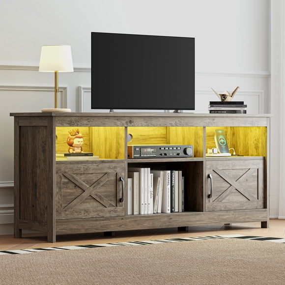 DEXTRUS Meuble Télé Rustique de 59 Pouces pour Téléviseurs jusqu'à 65 Pouces, Centre de Divertissement avec Prises de Courant, Lumières DEL, Armoires de Rangement, Tablettes Ajustables et Ports USB, Gris Rustique