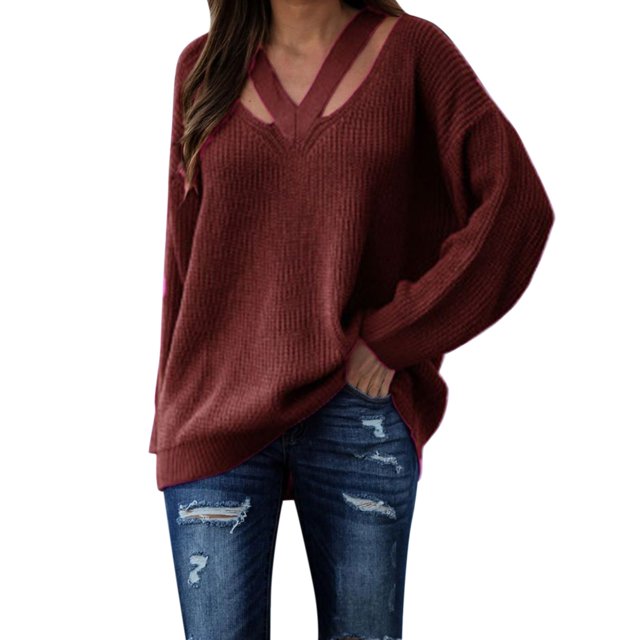 Womens V Neck Oversized Fall Sweater Sexy Long Sleeve Knit Pullover Top