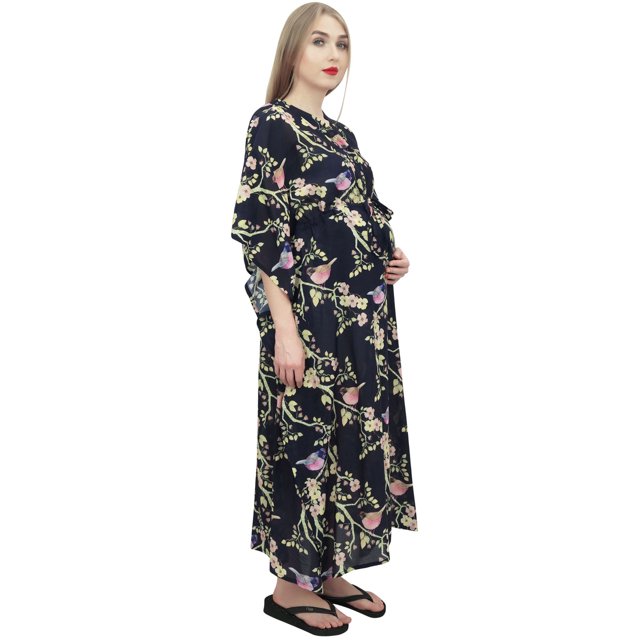 Bimba Caftan de Maternité Imprimé Bleu pour Mamans avec Taille à Cordon Robe Maxi-6