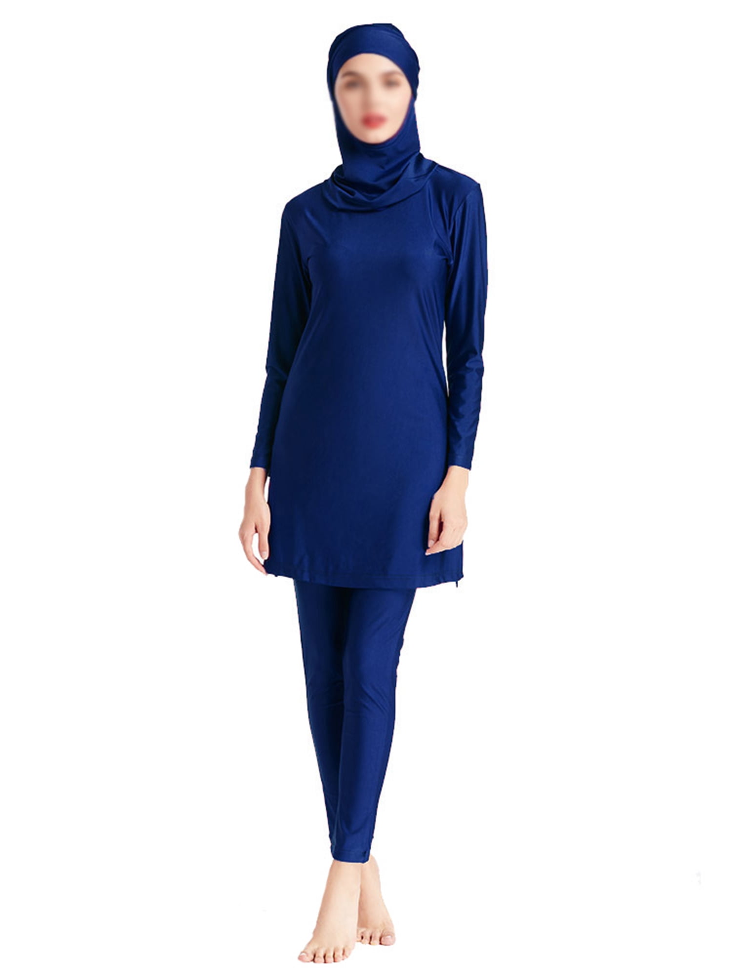 Innerwin Ladies Bathing Suit Three Pieces Swimsuit Muslim Style Crew Neck Swimwear Full Coverage Seaside Deep Blue- M