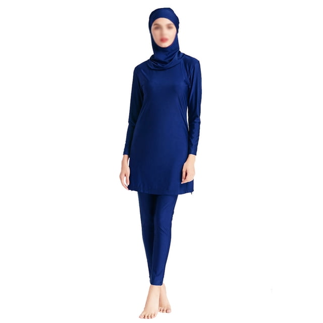 Innerwin Ladies Bathing Suit Three Pieces Swimsuit Muslim Style Crew Neck Swimwear Full Coverage Seaside Deep Blue 5XL