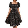 thumbnail image 1 of Robes d'Été Florales Décontractées Fête Col en V Manches Courtes Taille Enveloppante Volants avec Poches Robe Noire S, 1 of 4